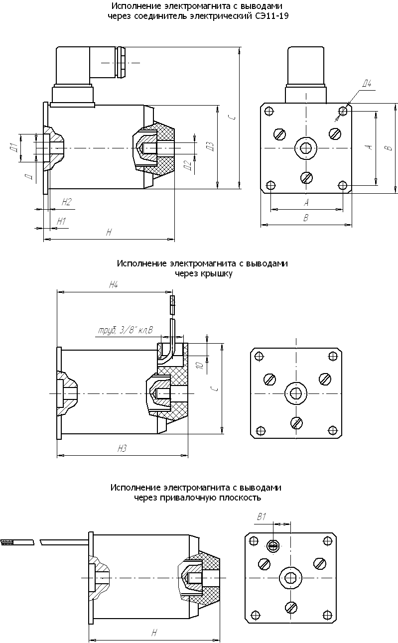 Размеры и расположение выводов в электромагнитах серии ЭУ!